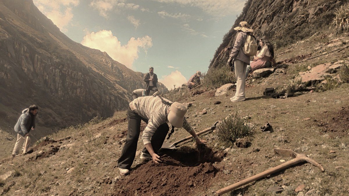 Field worker digging a planting pit on a steep slope